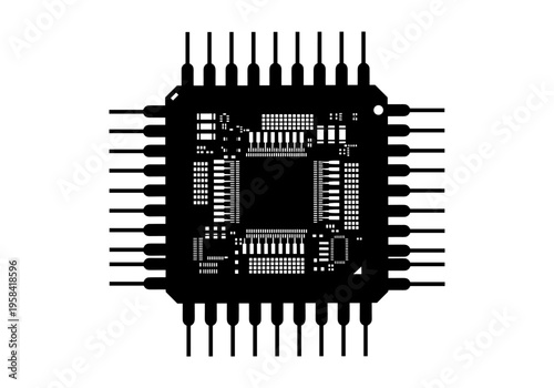 Black and white illustration of a complex integrated circuit chip with many pins