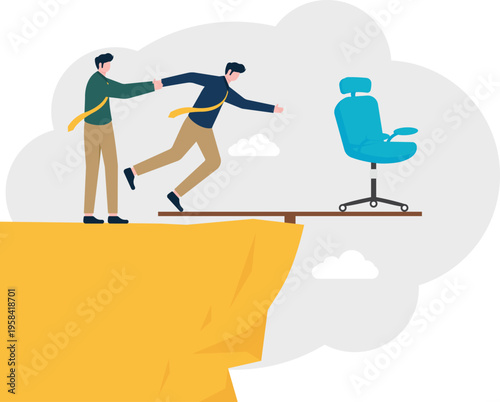 Businessman pushing a man on a plank over a cliff with an office chair representing job risk