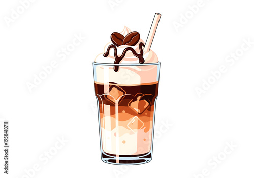Refreshing iced coffee with whipped cream and chocolate drizzle in a tall glass