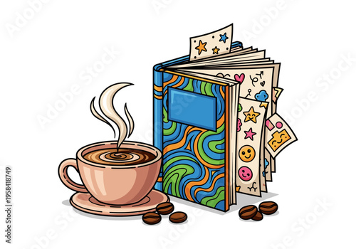 Cozy reading time with a hot cup of coffee and an open book filled with stickers