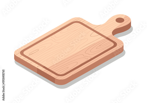 Simple wooden cutting board with handle and juice groove, isolated on white background