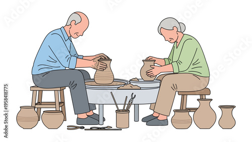 Pottery Harmony: An elderly couple creates ceramic masterpieces, shaping clay on a pottery wheel. Their collaborative effort brings a moment of peacefulness and an atmosphere of artistic expression.