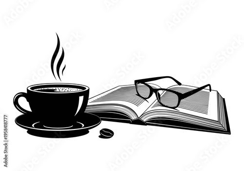 Hot coffee cup with steam next to open book and reading glasses