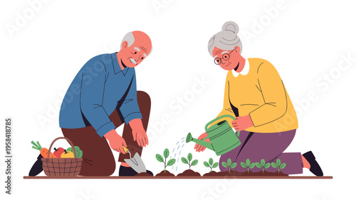Golden Years of Gardening: An elderly couple shares a serene moment in their garden, tending to flourishing plants with tender care, embodying the beauty of aging gracefully.