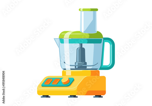 Modern kitchen food processor with clear bowl and bright colors