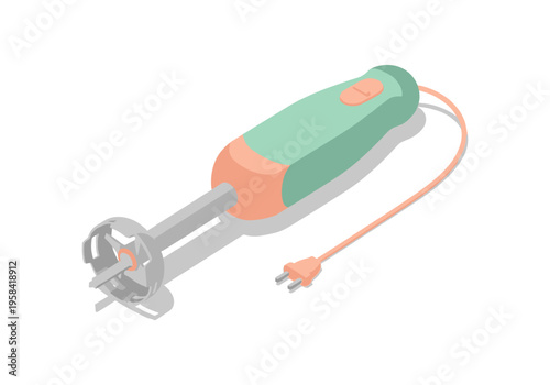 Modern immersion blender with cord and plug on a white background