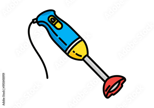 Handheld immersion blender with blue handle and red base on white background