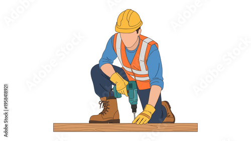 Construction worker at work: A construction worker kneels, focused on the task at hand, using a drill to secure a board. The image highlights dedication and skill in the realm of construction