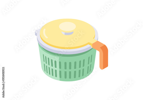 Isometric illustration of a green salad spinner with a yellow lid and orange handle