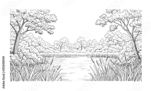 Black and white of a tranquil pond surrounded by lush trees and reeds water cattails