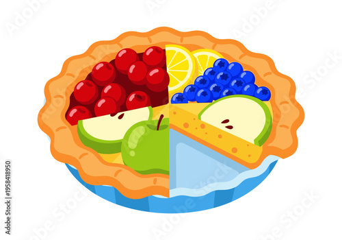 Assortment of fruit pie slices with cherry, blueberry, apple, and lemon flavors