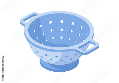 Blue colander with handles and holes for draining food on a white background