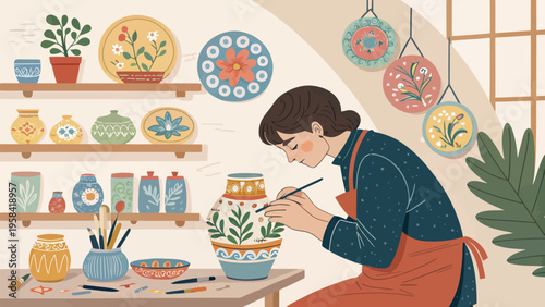 Woman painting colorful ceramics in a studio with plants and pottery on shelves
