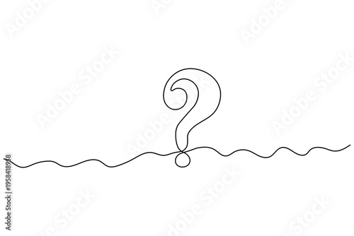 A minimalist continuous one line drawing of a question mark symbol representing curiosity, doubt, and faq concepts on a clean white background.