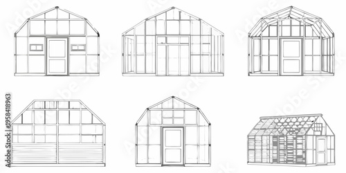 Line drawing illustrations of various greenhouse and shed designs