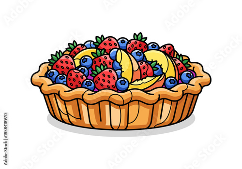 Delicious cartoon fruit tart overflowing with fresh strawberries, blueberries, and peaches