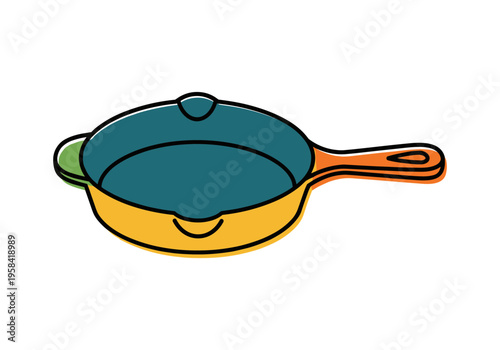 Colorful cartoon cast iron skillet with orange handle and teal cooking surface
