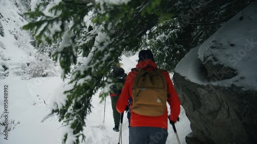 Group of hikers exploring snowy mountain trail