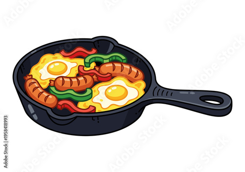 Hearty breakfast skillet with fried eggs, sausages, and bell peppers