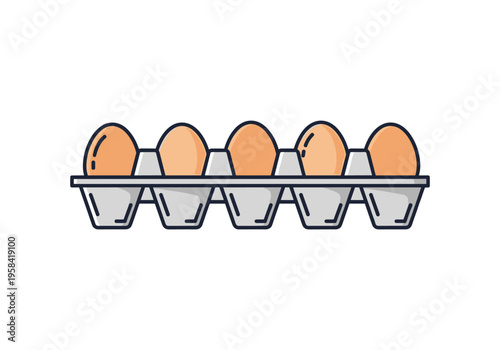 Five brown eggs neatly arranged in a gray carton for sale