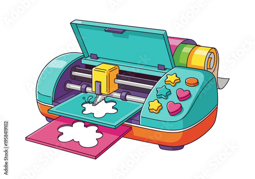Cartoon cutting machine precisely cutting shapes from colorful paper sheets