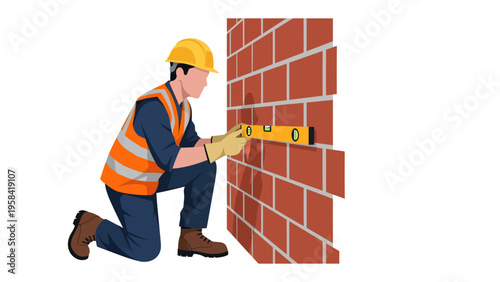 Construction worker at work: A construction worker, equipped with tools and expertise, meticulously inspects the alignment of the brick wall using a level, a symbol of precision and craftsmanship.