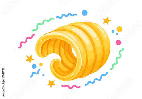 Golden butter curl with festive confetti and stars on white background