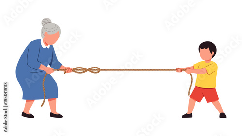 Tug-of-War: Depicts a spirited tug-of-war game between a grandmother and a child, each pulling with determination, showcasing the bond and playful competition.