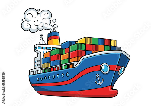 Cartoon cargo ship loaded with colorful containers sailing on the ocean
