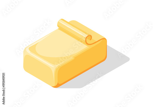 A single stick of butter with a curl on top, isolated on white background