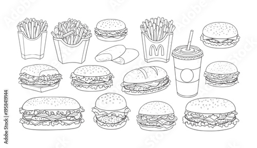 Collection of hand drawn fast food including burgers fries and drink soda sandwich