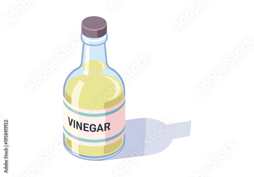Glass bottle of yellow vinegar with a label and shadow on white background