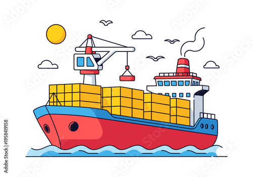 Modern cargo ship carrying containers across the ocean waves with a crane