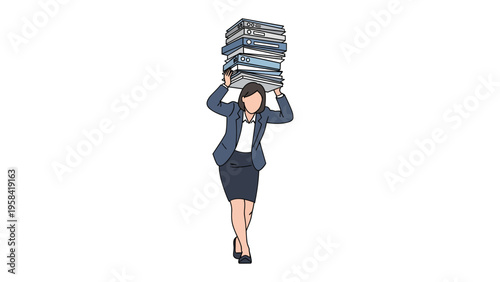 Burden of Work: A determined woman carries a towering stack of files, symbolizing the weight of workload in a dynamic business setting.