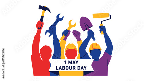 Labour Day Celebration: A vibrant and uplifting illustration commemorating Labour Day. Depicting a diverse group of individuals raising their tools in a gesture of unity, solidarity.