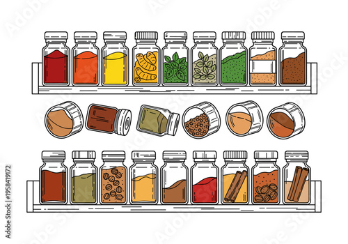 Assortment of colorful spice jars and containers arranged on shelves