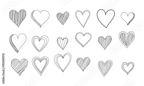 Collection of hand drawn hearts in various styles and shading doodle love symbol