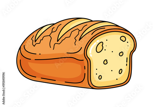 Simple cartoon loaf of bread with a slice cut out, isolated on white background