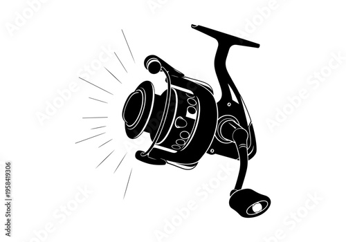 Black and white illustration of a spinning fishing reel with radiating lines