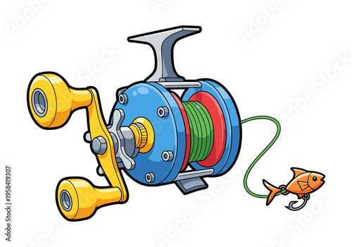 Cartoon fishing reel with a playful fish lure attached to the line