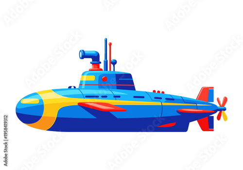 Bright blue and yellow cartoon submarine with periscope and propeller