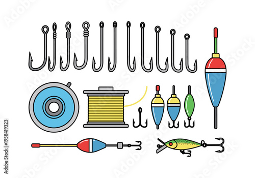 Collection of colorful fishing gear and tackle on a white background