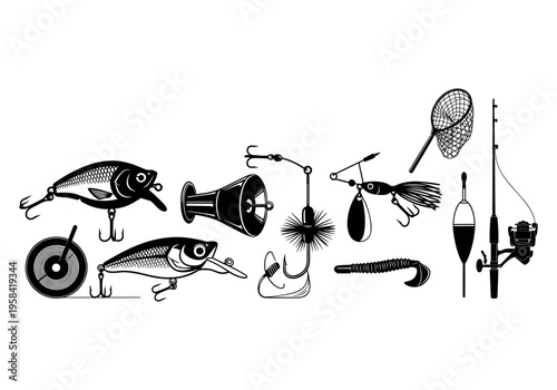 Collection of fishing lures and equipment in black and white silhouette