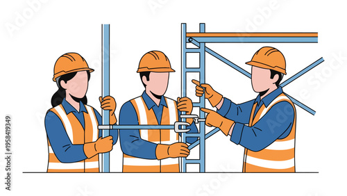 Building Progress: Construction workers collaborating to assemble scaffolding, showcasing teamwork and precision.