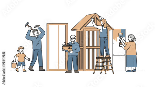 Building Community Together: A group of individuals is working together to construct a structure, demonstrating unity and shared purpose. Illustrating the spirit of collaboration.