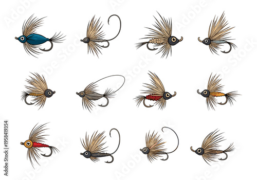 Collection of colorful fishing lures designed to imitate insects for angling