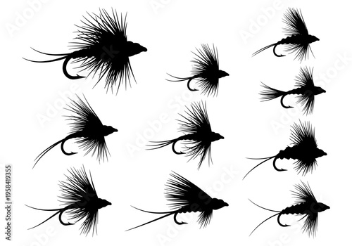 Collection of black silhouette fishing lures resembling insects on a white background