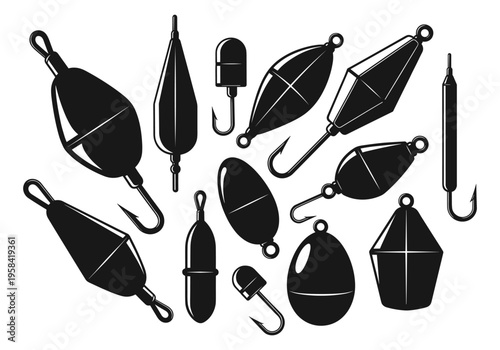 Collection of black fishing floats and weights with hooks on white background
