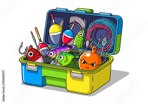 Cartoon fishing tackle box filled with colorful lures, floats, and fishing gear