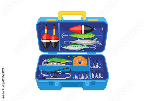 Open blue tackle box filled with fishing lures, floats, hooks, and line